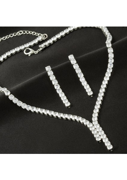 Tamtur Zirkon Taşlı Lüks Set Kolye 4 mm