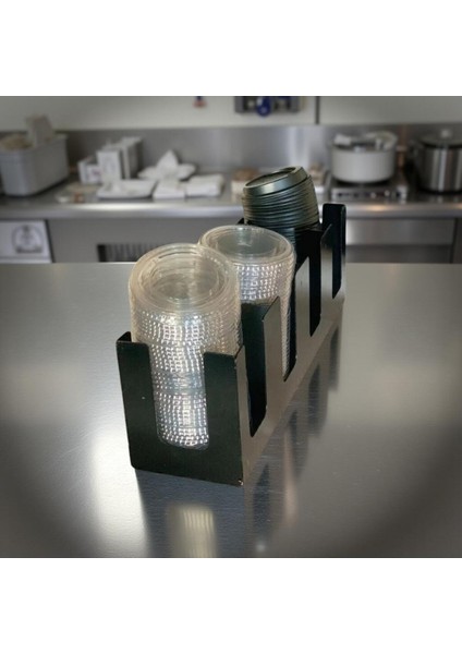 Karton Plastik Bardak Kapak Standı Tüm Boylara Uygun 4 Bölmeli Take Away Kapak Düzenleyici Siyah