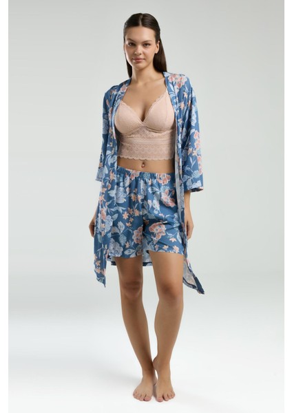 Kadın Sabahlık Bralet Sütyen ve Şort Set, %100 Viskon Kumaş 3'lü Takım fiyatları