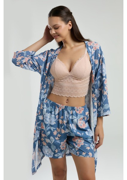 Kadın Sabahlık Bralet Sütyen ve Şort Set, %100 Viskon Kumaş 3'lü Takım fırsatları