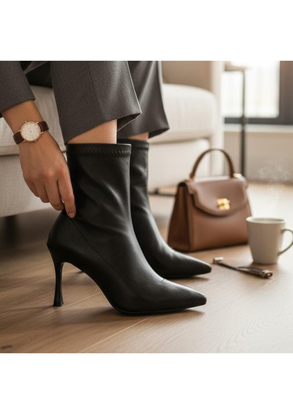 564FD Günlük Fermuarlı Kadın Topuklu Bot Ayakkabı Ince Topuk Klasik Topuklu Bot