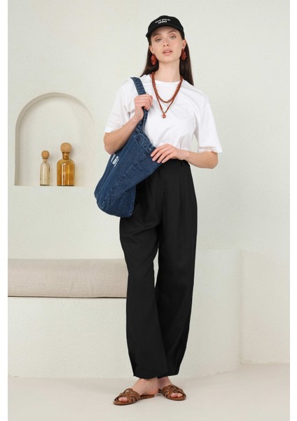 Paçası Pileli Keten Pantolon Siyah