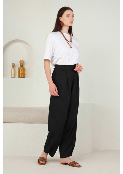 Paçası Pileli Keten Pantolon Siyah