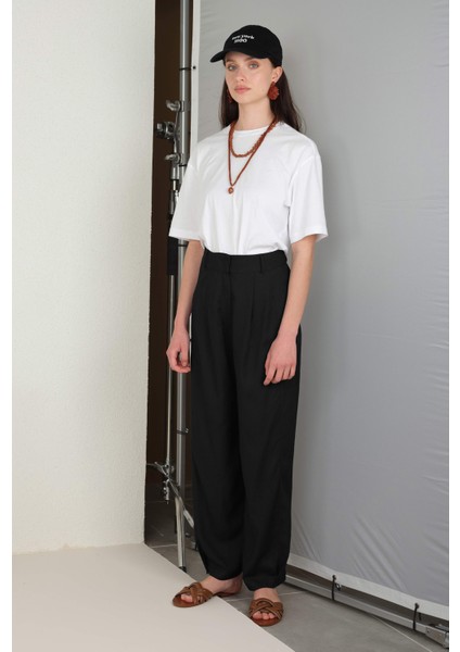 Paçası Pileli Keten Pantolon Siyah