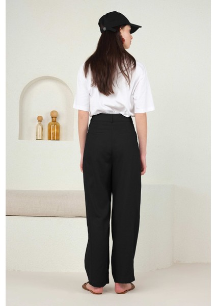 Paçası Pileli Keten Pantolon Siyah