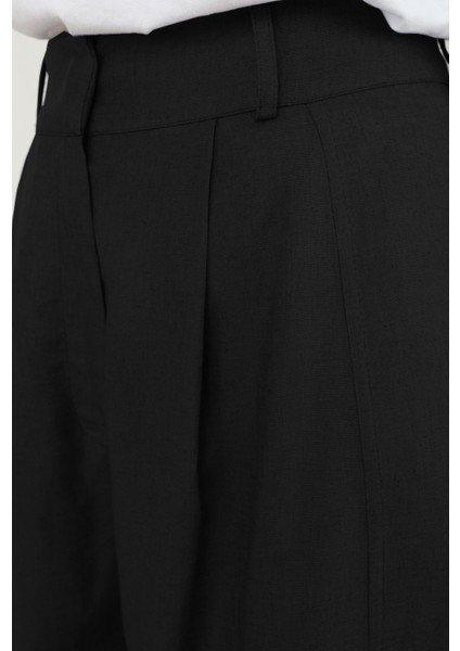 Paçası Pileli Keten Pantolon Siyah