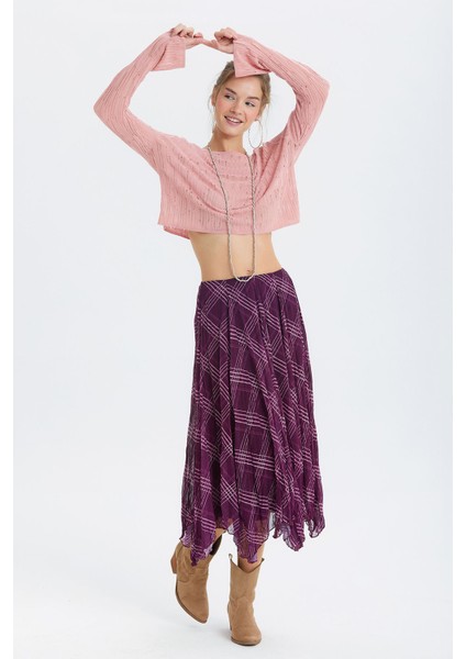 Desenli Şifon Midi Bohem Etek Mor