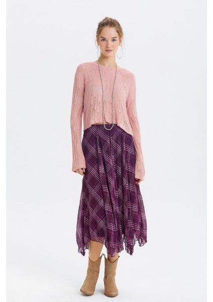 Desenli Şifon Midi Bohem Etek Mor fiyatları