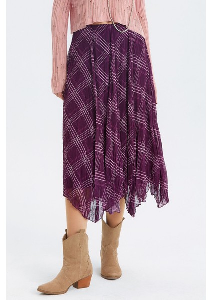 Desenli Şifon Midi Bohem Etek Mor modelleri