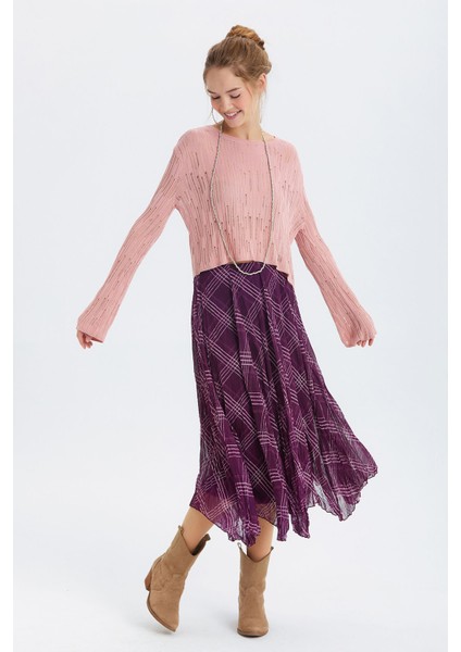Desenli Şifon Midi Bohem Etek Mor fırsatları