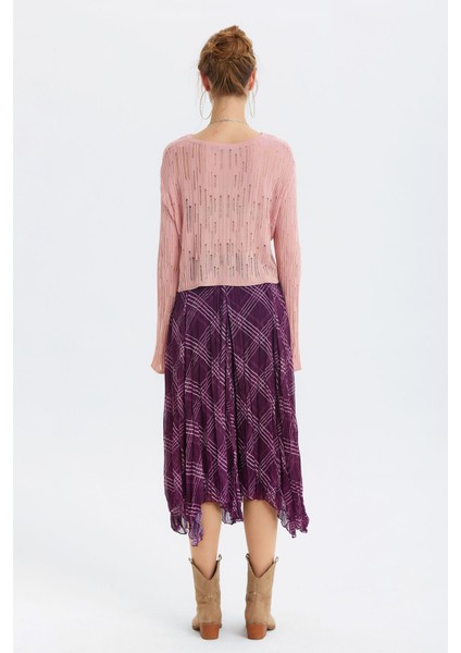 Desenli Şifon Midi Bohem Etek Mor indirimleri