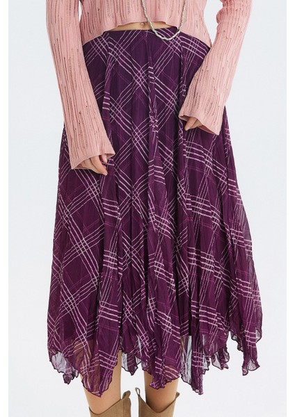 Desenli Şifon Midi Bohem Etek Mor