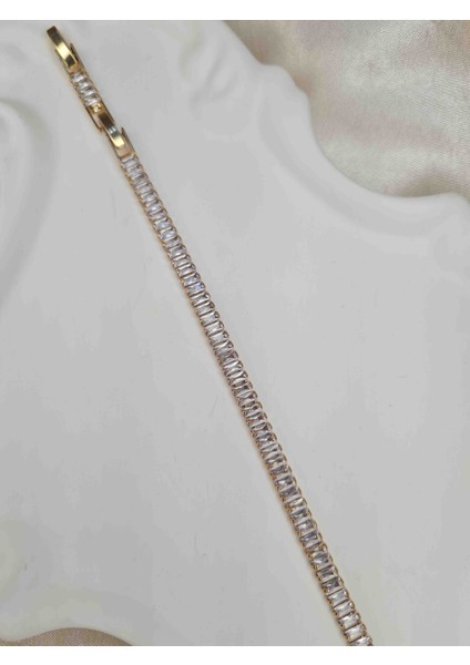 Gold Renk Baget Taşlı Şık Bileklik – Işıltılı Zarif Paslanmaz Çelik Bilezik, Kararma Yapmaz indirimleri