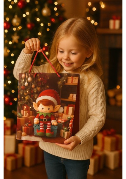 3 Boyutlu Büyük Elf Yılbaşı Temalı Hediye Paketi & Çanta & Poşet 40*30*12 cm