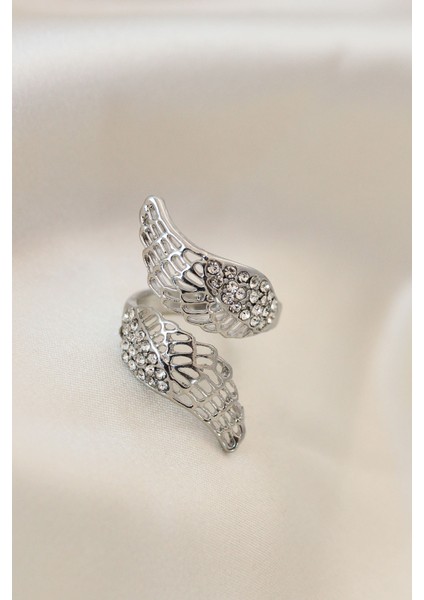 bulurum ayarlamalı silver renk metal zirkon taşlı kanat yüzük