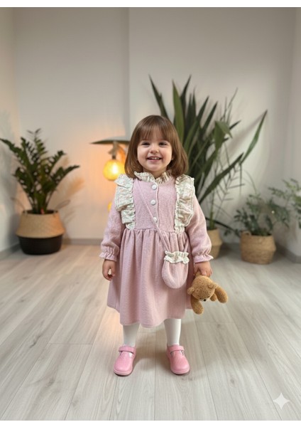 Otantik Desenli Fırfırlı Pudra Pembe Bebek Elbisesi (Çantalı)