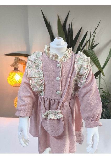 Otantik Desenli Fırfırlı Pudra Pembe Bebek Elbisesi (Çantalı) fiyatları