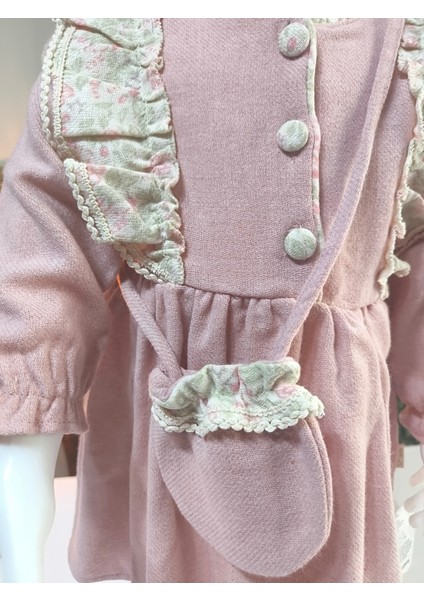 Otantik Desenli Fırfırlı Pudra Pembe Bebek Elbisesi (Çantalı) modelleri