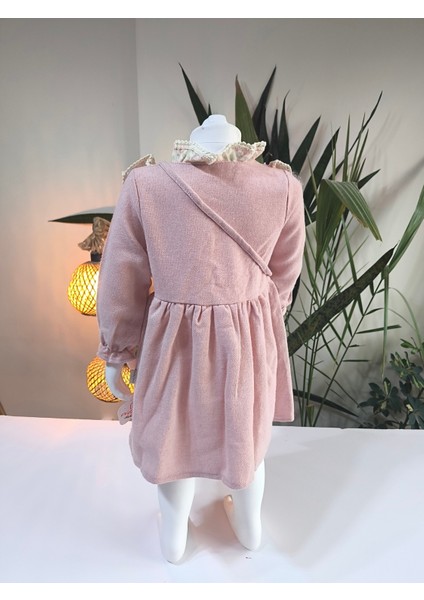 Otantik Desenli Fırfırlı Pudra Pembe Bebek Elbisesi (Çantalı)