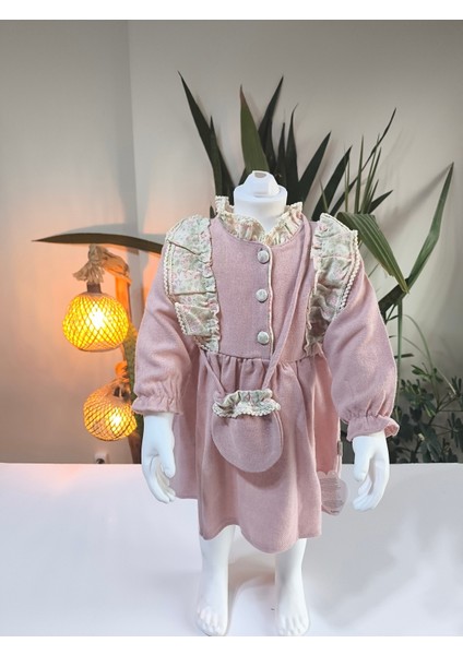 Otantik Desenli Fırfırlı Pudra Pembe Bebek Elbisesi (Çantalı)