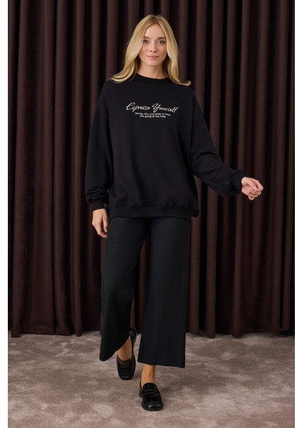 Fitilli Triko Pantolon Siyah