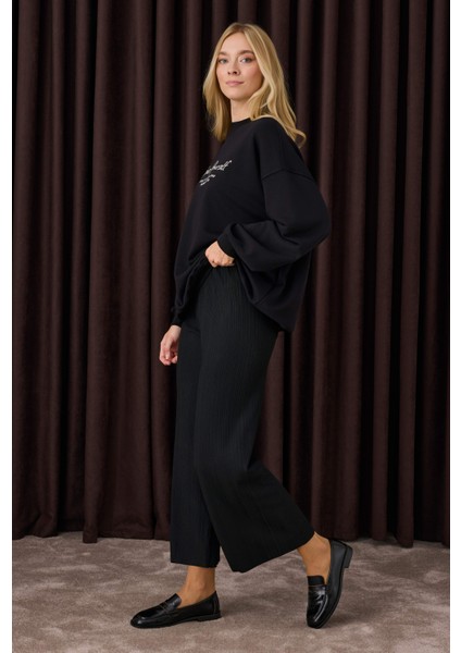 Fitilli Triko Pantolon Siyah