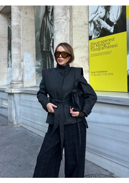 Antrasit Vatkalı Kuşaklı Kaşe Ceket - 1001