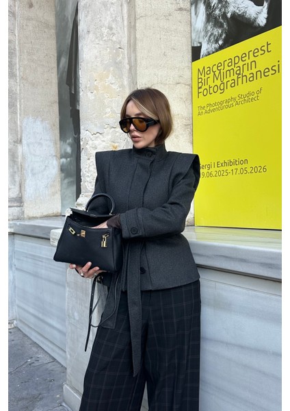 Antrasit Vatkalı Kuşaklı Kaşe Ceket - 1001 fiyatları