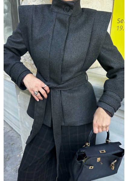 Antrasit Vatkalı Kuşaklı Kaşe Ceket - 1001 modelleri