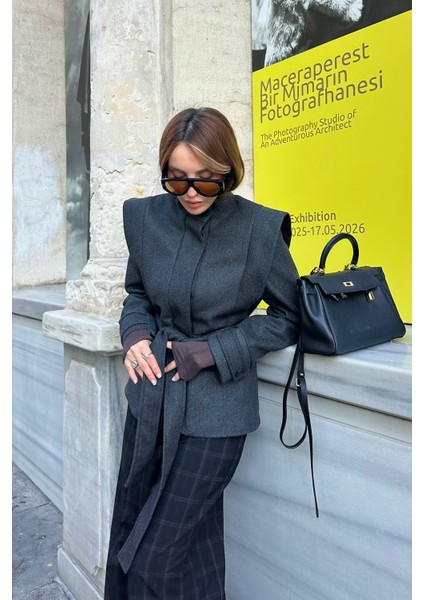 Antrasit Vatkalı Kuşaklı Kaşe Ceket - 1001 fırsatları