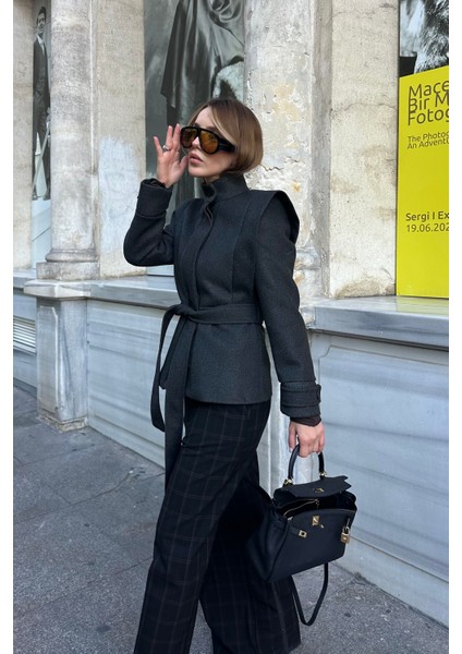 Antrasit Vatkalı Kuşaklı Kaşe Ceket - 1001 indirimleri