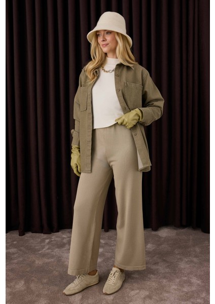 Beli Lastikli Triko Pantolon Vizon