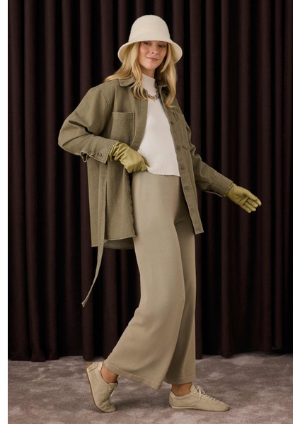 Beli Lastikli Triko Pantolon Vizon