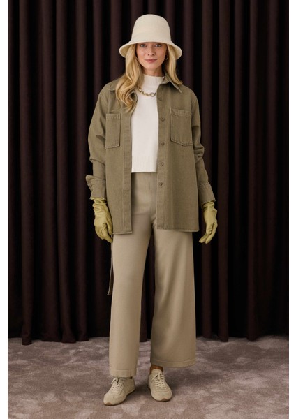 Beli Lastikli Triko Pantolon Vizon