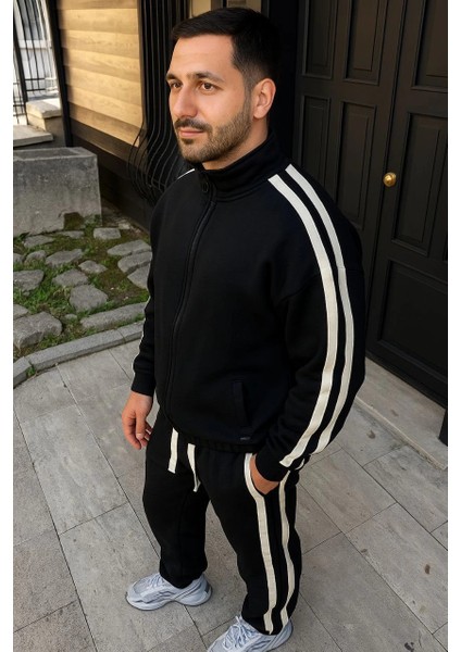 Erkek Çift Şeritli Eşofman Takım Dik Yaka Fermuarlı Sweatshirt Boru Paça Alt, Oversize 3 Iplik Pamuklu - Siyah fırsatları