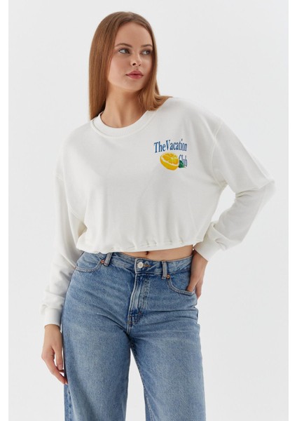Baskılı Crop Sweatshirt Ekru