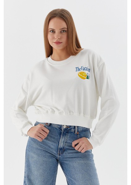 Baskılı Crop Sweatshirt Ekru fiyatları