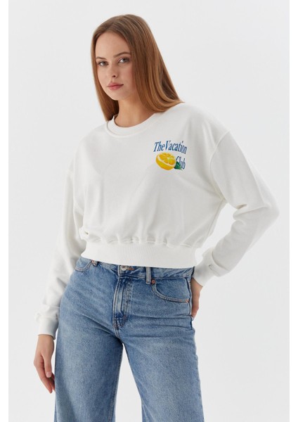 Baskılı Crop Sweatshirt Ekru modelleri