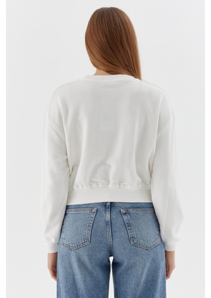 Baskılı Crop Sweatshirt Ekru indirimleri