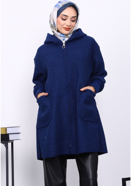 Lacivert Fermuarlı Cepli Buklet Kaban