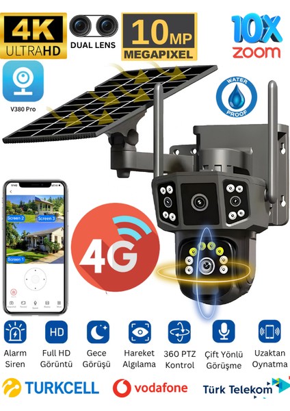 X36 Solar Güvenlik Kamerası Dual Lens 4G Sim Kartlı PTZ Hareketli Gece Görüşlü Güneş Panelli Kamera