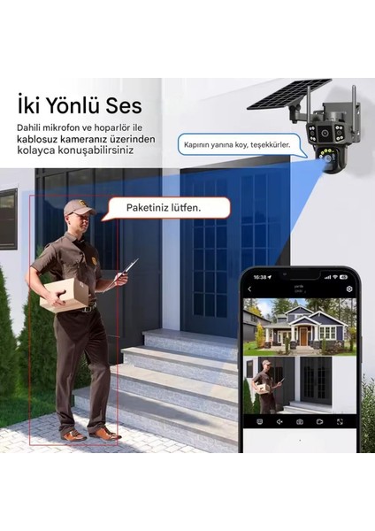 X36 Solar Güvenlik Kamerası Dual Lens 4G Sim Kartlı PTZ Hareketli Gece Görüşlü Güneş Panelli Kamera