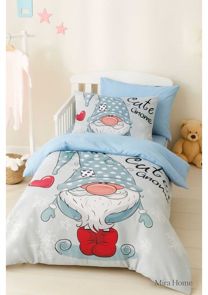 Dijital Baskılı 3D Pamuklu Yenidoğan Bebek Nevresim Takımı Cute Gnome Blue