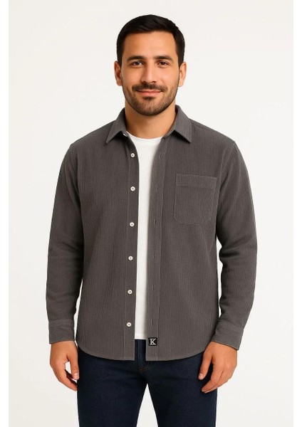 Erkek Fitilli Kadife Cepli Gömlek Oversize Rahat Kalıp - Füme fiyatları