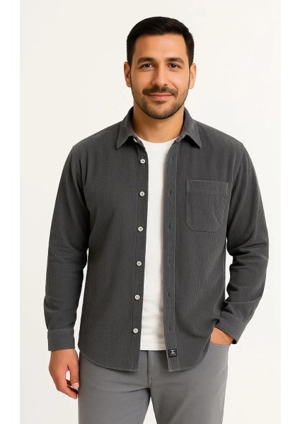 Erkek Fitilli Kadife Cepli Gömlek Oversize Rahat Kalıp - Füme modelleri