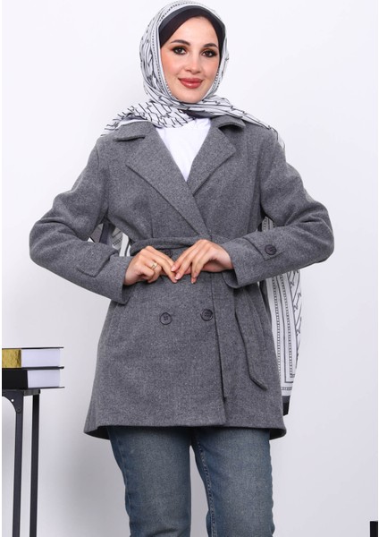 Füme Kruvaze Yaka Çift Düğmeli Kaşe Kaban