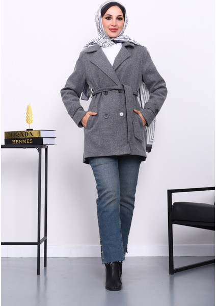 Füme Kruvaze Yaka Çift Düğmeli Kaşe Kaban fiyatları