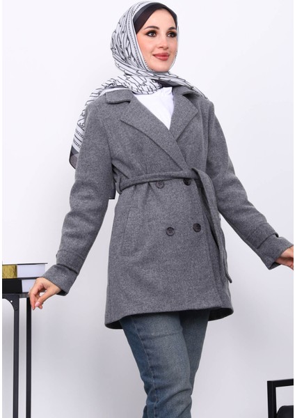 Füme Kruvaze Yaka Çift Düğmeli Kaşe Kaban modelleri