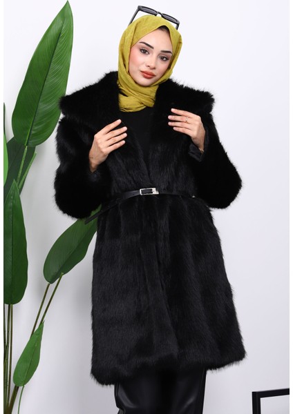 Siyah Kemerli Astarlı Kürk Kaban