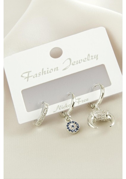 3 Adet Hilal Zirkon Taşlı Küpe